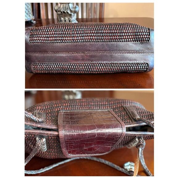 BRIGHTON - Vtg Two-Tone Brown Woven Leather Shoulder Bag/Croc-Embossed Closure - Picture 7 of 16